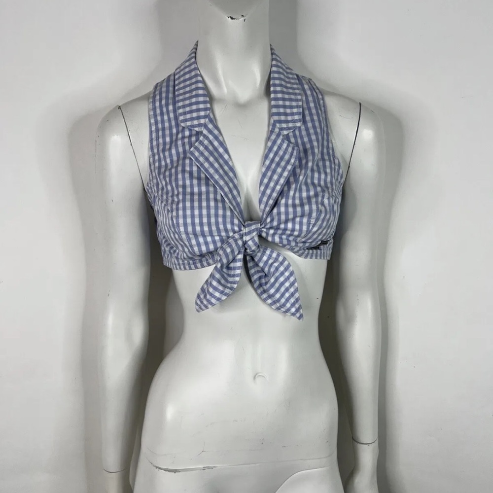 VINTAGE VERSACE JEANS BLUE GINGHAM COTTON WRAP CROP TOP